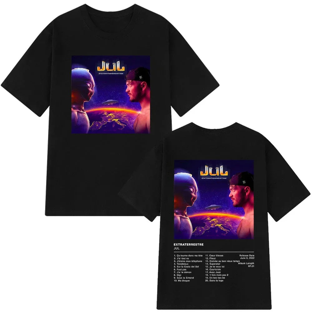 Black short-sleeved cotton aesthetic vintage t-shirt man featuring rapper jul graphic with cosmic print and tracklist details