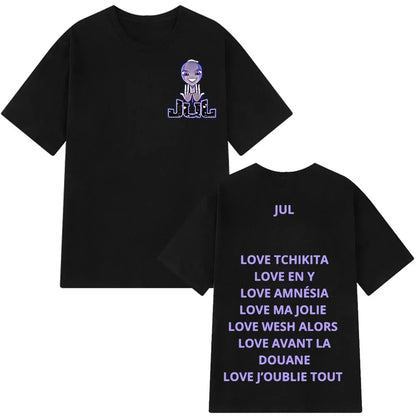 Black short-sleeved cotton aesthetic vintage t-shirt man with rapper jul graphic and purple alien print front and back song titles