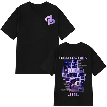 Black short-sleeved rapper jul graphic vintage t-shirt man with purple logo front and detailed tour print back cotton aesthetic