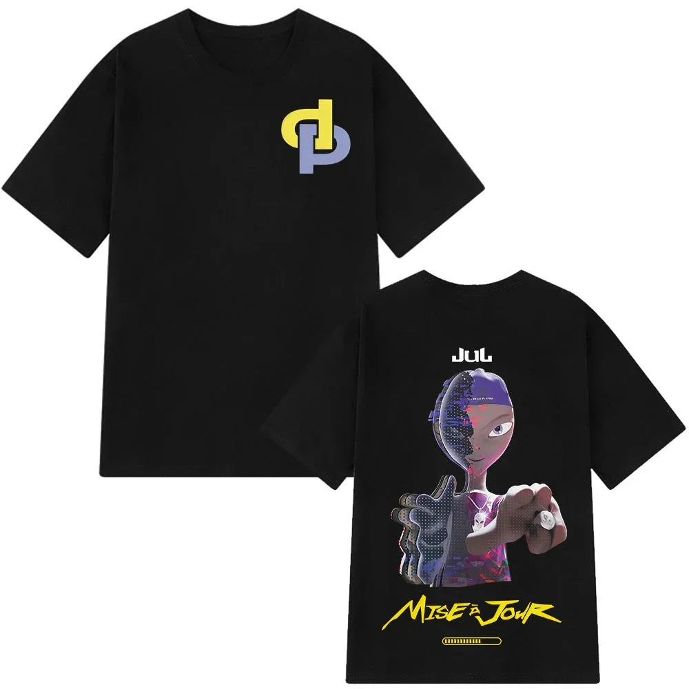 Black short-sleeved cotton aesthetic vintage t-shirt man featuring rapper jul graphic and alien print with dp logo on back
