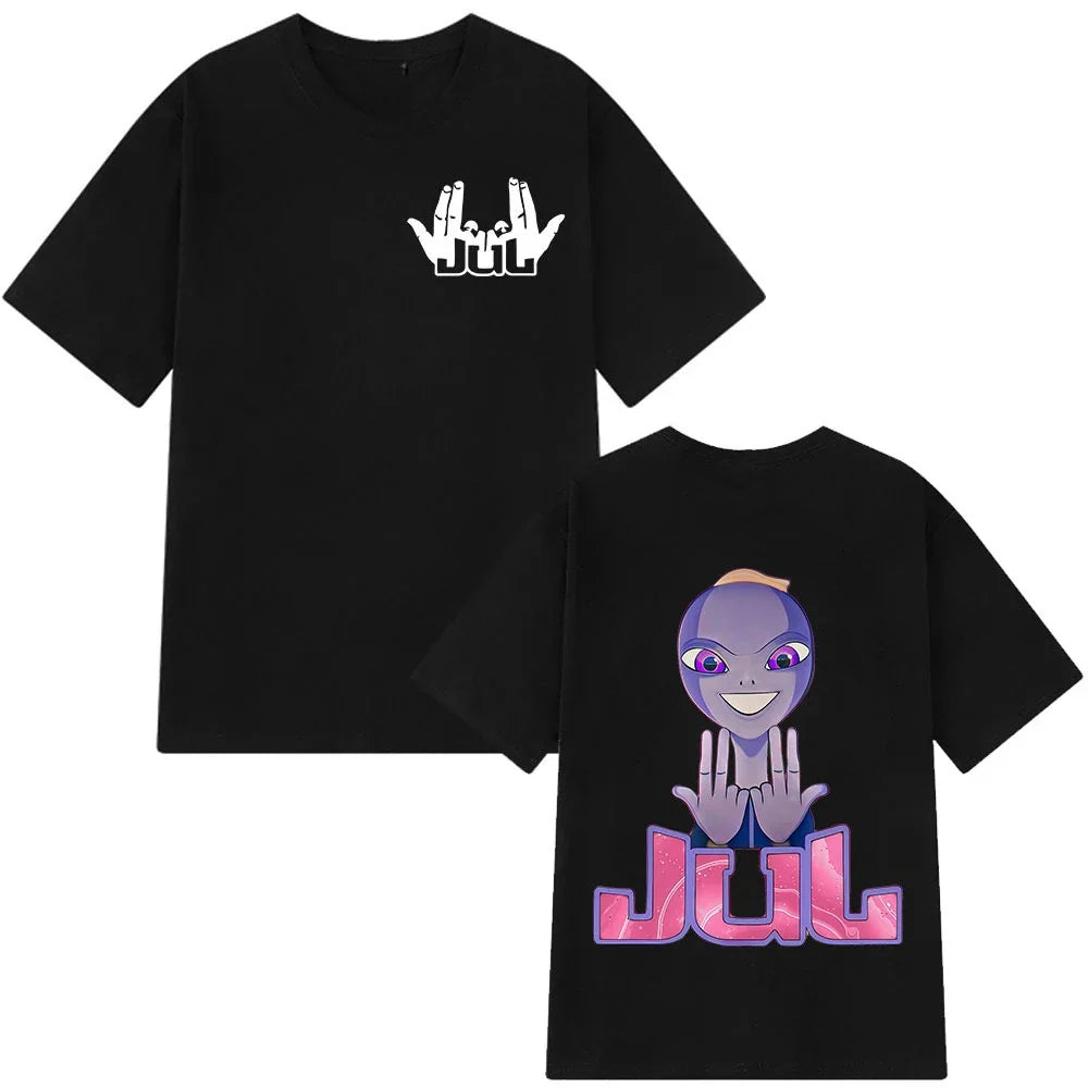 Black short-sleeved cotton aesthetic vintage t-shirt man with rapper jul graphic front and purple cartoon back design