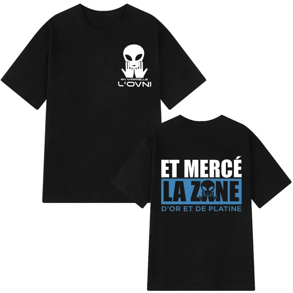Black short-sleeved cotton aesthetic vintage t-shirt man featuring rapper jul graphic with alien front and bold text back side