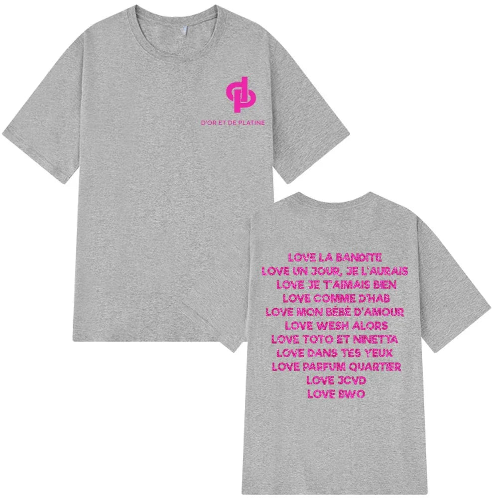 Back view of gray heathered rapper jul graphic vintage t-shirt man with pink logo front and song titles on cotton aesthetic fabric