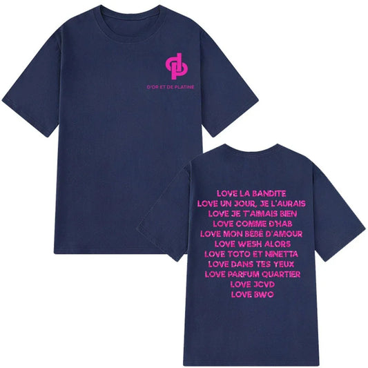 Navy blue short-sleeved vintage t-shirt man with pink rapper jul graphic and french song titles on cotton aesthetic back