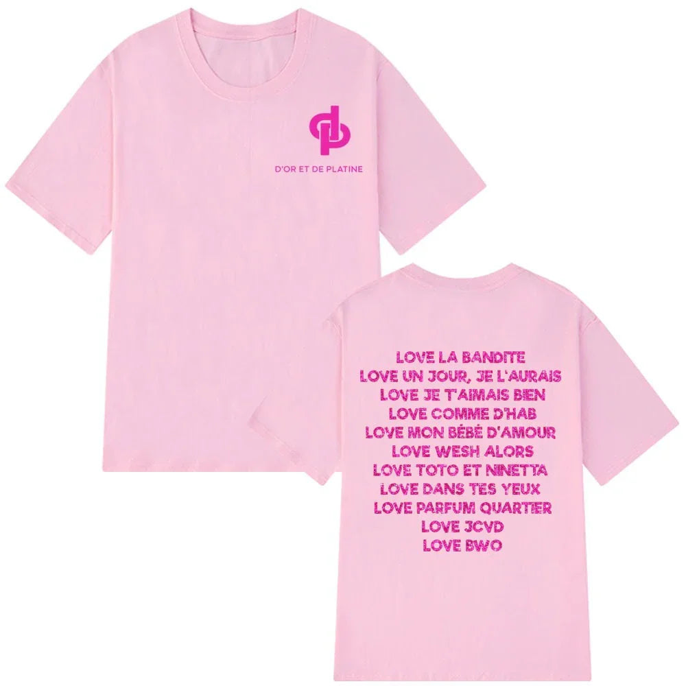 Pink cotton aesthetic rapper jul graphic vintage t-shirt man with logo front and vibrant lyrics on back summer 2026