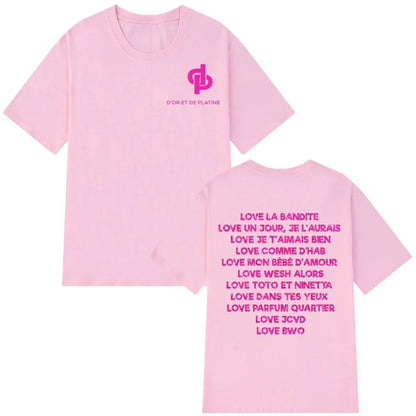 Pink cotton aesthetic rapper jul graphic vintage t-shirt man with logo front and vibrant lyrics on back summer 2026