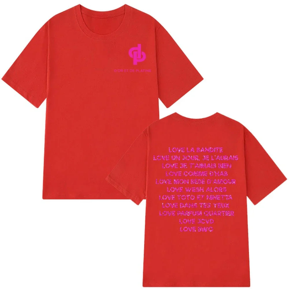Vibrant red cotton aesthetic short-sleeved t-shirt with rapper jul graphic pink logo front and full back vintage t-shirt man print
