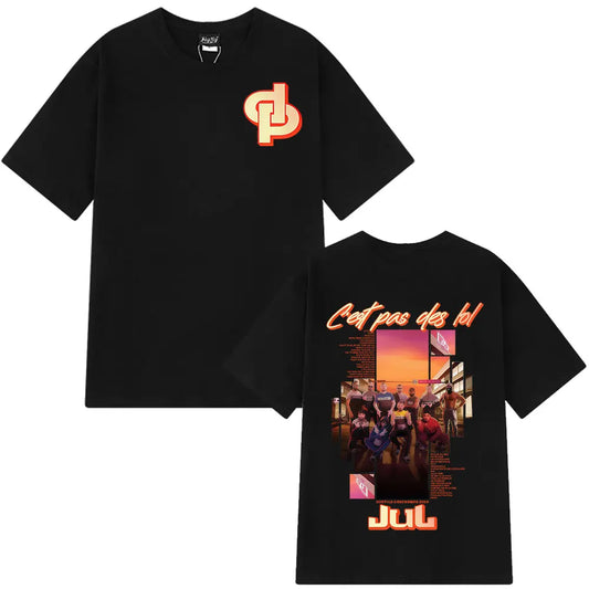 Black short-sleeved cotton oversized aesthetic t-shirt featuring rapper jul graphic vintage print for woman fashion