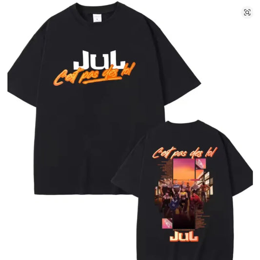 Black short-sleeved jul music album t-shirt with bold white and orange text front and urban sunset graphic back for women hip hop and male fashion vintage styles