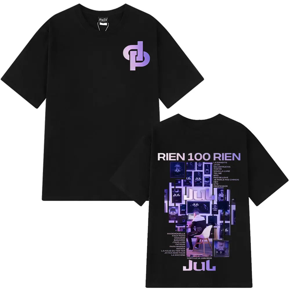 Black 100% cotton rapper jul rien tees hip hop with purple white graphic and rien album tour text on front