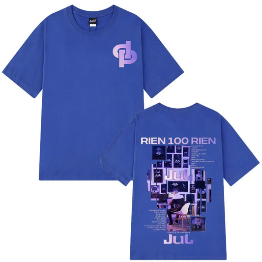 Blue short-sleeved cotton tees hip hop with purple gradient rapper jul rien logo front and rien album tour graphic back
