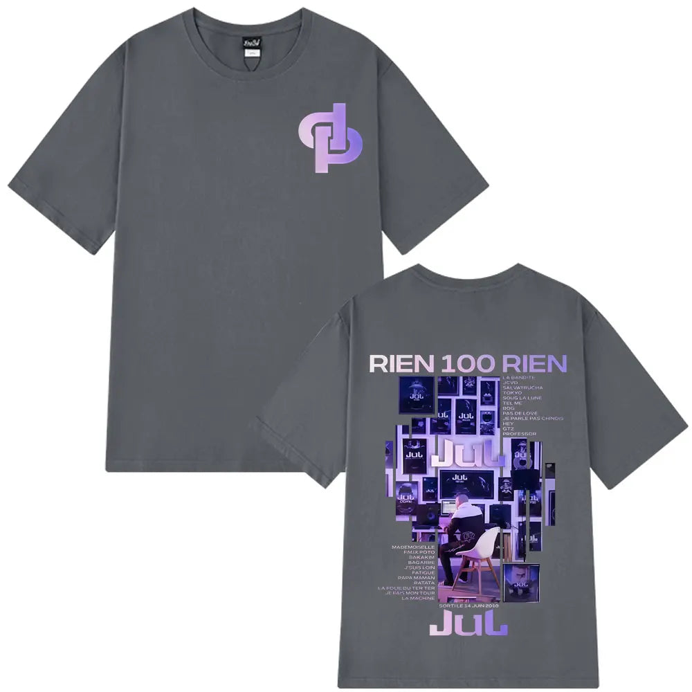 Gray short-sleeved 100% cotton tees hip hop featuring rapper Jul Rien graphic with rien album tour design on front