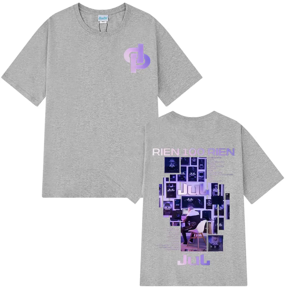 Gray heathered cotton t-shirt with purple white graphic print featuring rapper jul rien rien album tour hip hop tees design