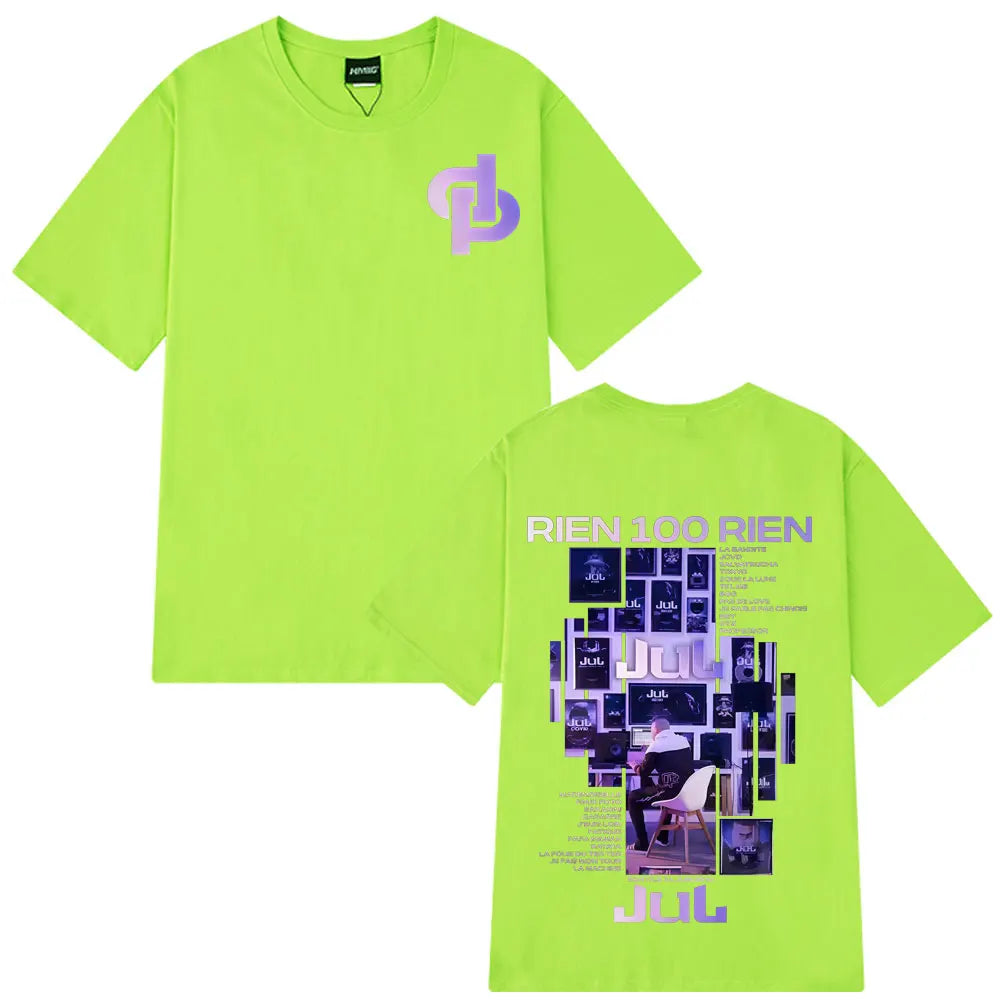 Neon green short-sleeved 100% cotton tees hip hop with purple white graphic and rien 100 rien text on back for rapper jul rien rien album tour