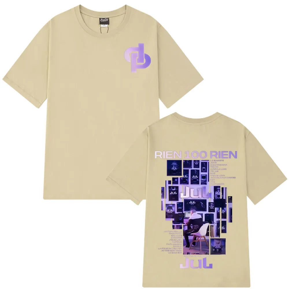 Beige short-sleeved 100% cotton t shirt with purple rapper Jul Rien graphic print and rien album tour text for tees hip hop
