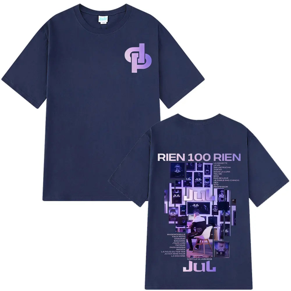 Navy blue 100% cotton tees hip hop featuring rapper jul rien with purple gradient logo front and rien album tour graphic back