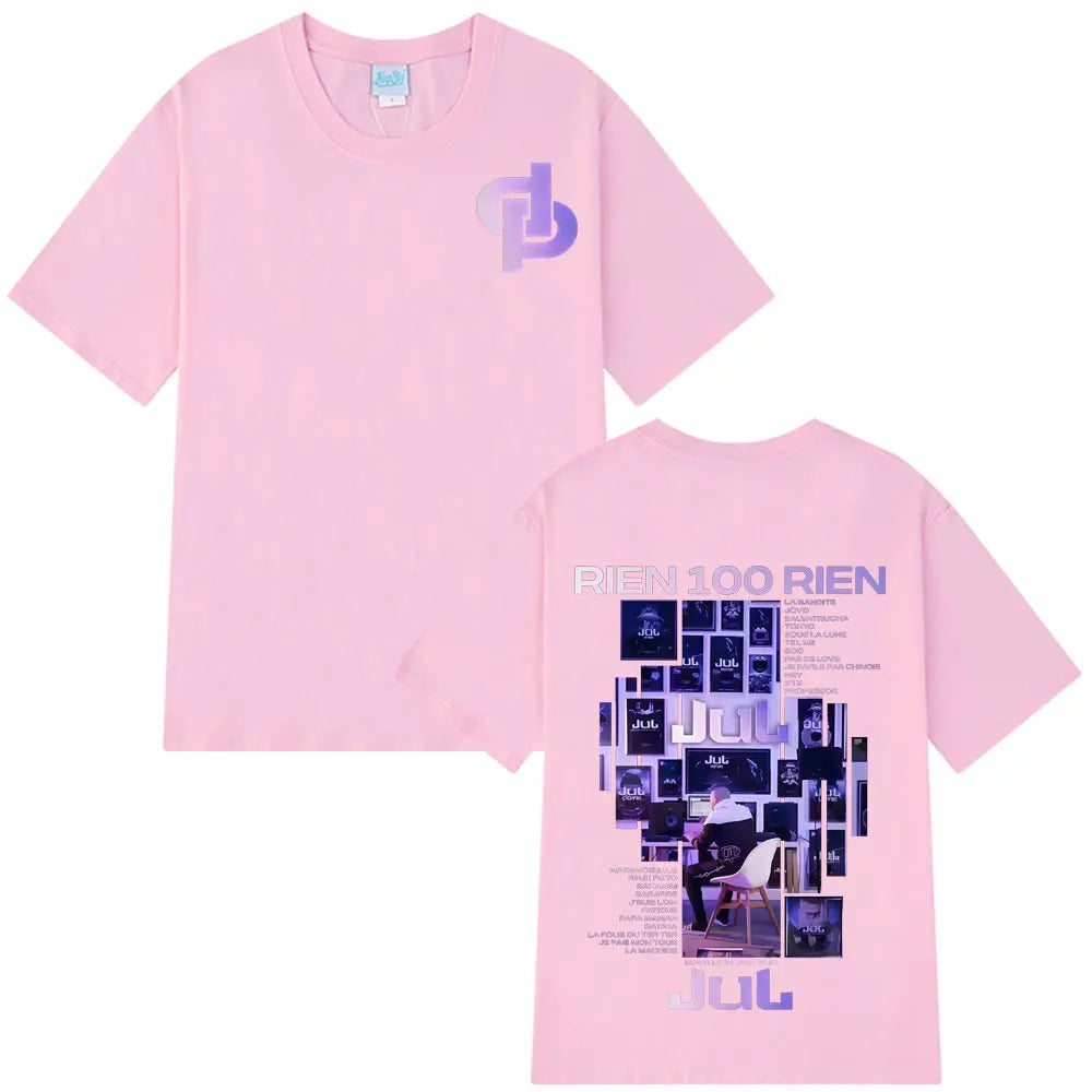 Back of pink short-sleeved 100% cotton tees hip hop featuring purple white graphic and rapper jul rien text rien album tour