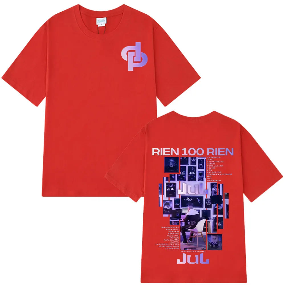 Red short-sleeved 100% cotton tees hip hop featuring rapper jul rien album tour graphic print on back for men and women