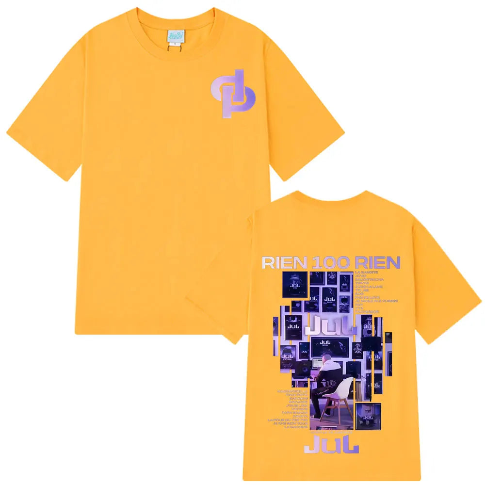 Vibrant yellow 100% cotton tees hip hop with rapper jul rien graphic and rien album tour design for men and women