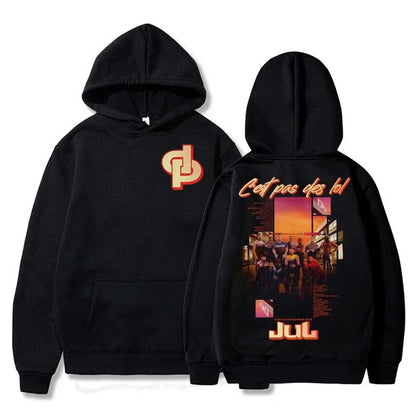 Black hoodie men women with vibrant orange red graphic and text on back featuring rapper jul tour 2025 pullover hiphop streetwear