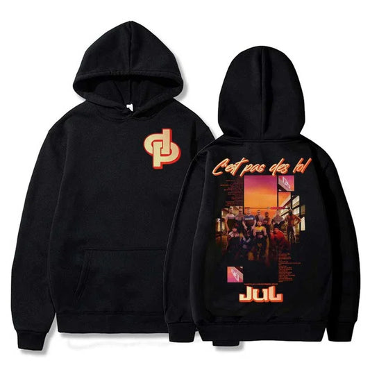 Black hoodie men women with vibrant orange red graphic and text on back featuring rapper jul tour 2025 pullover hiphop streetwear