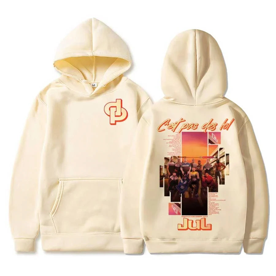Cream-colored rapper jul tour 2025 hoodie men women pullover hiphop streetwear with bold orange back graphic and front logo