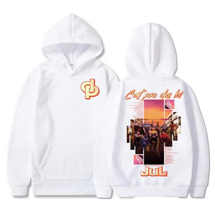 White hoodie men women with bold orange pink graphic on back and matching orange logo front rapper jul tour pullover hiphop streetwear