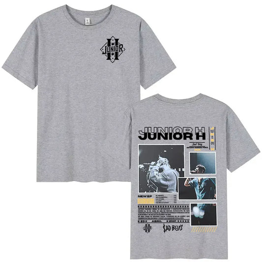 Gray cotton t-shirt featuring black junior h logo front and detailed back print hip hop gothic man vintage oversized style