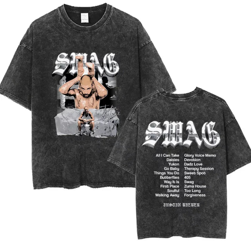Black distressed graphic tee featuring rapper justin bieber with bieber swag album design and short sleeve streetwear style