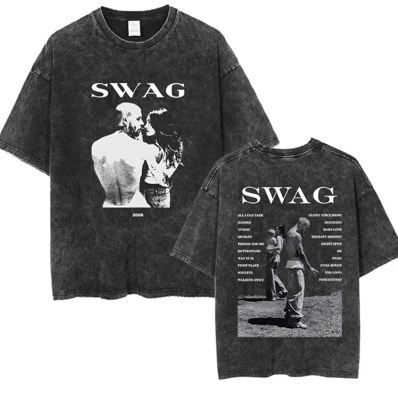 Black distressed cotton t-shirt with swag graphic and tour listing on back featuring rapper justin bieber bieber swag album short sleeve streetwear