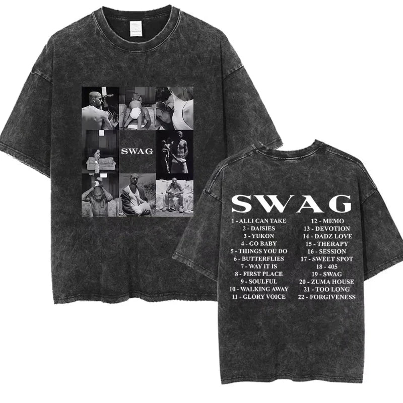 Black distressed cotton short sleeve streetwear t-shirt featuring rapper justin bieber bieber swag album collage and track listing on back