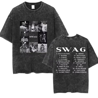 Black distressed cotton short sleeve streetwear t-shirt featuring rapper justin bieber bieber swag album collage and track listing on back