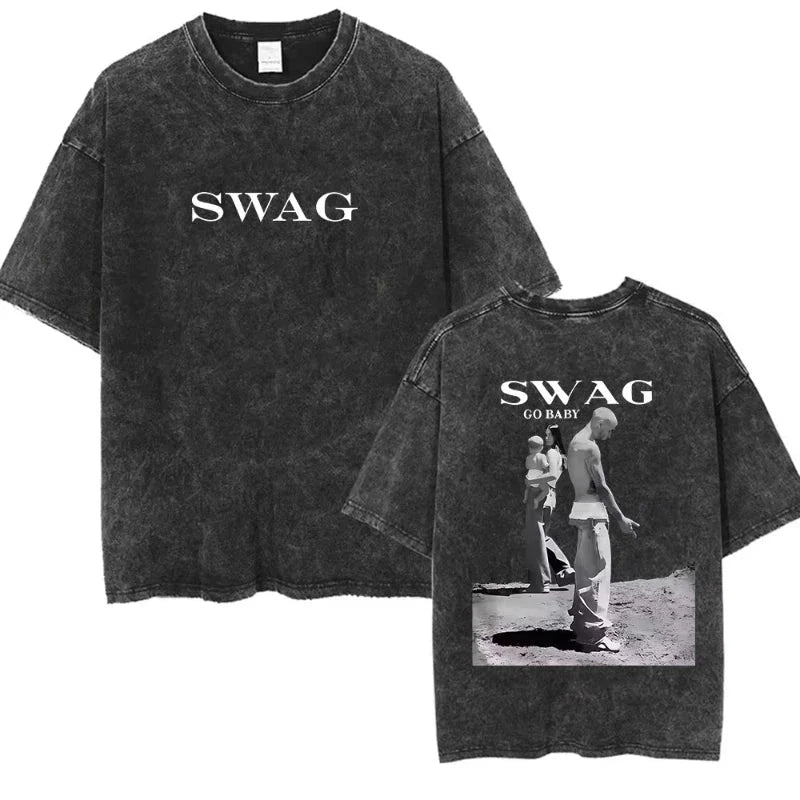 Black distressed cotton t-shirt with bieber swag album print and graphic of two people walking on front and back side short sleeve streetwear