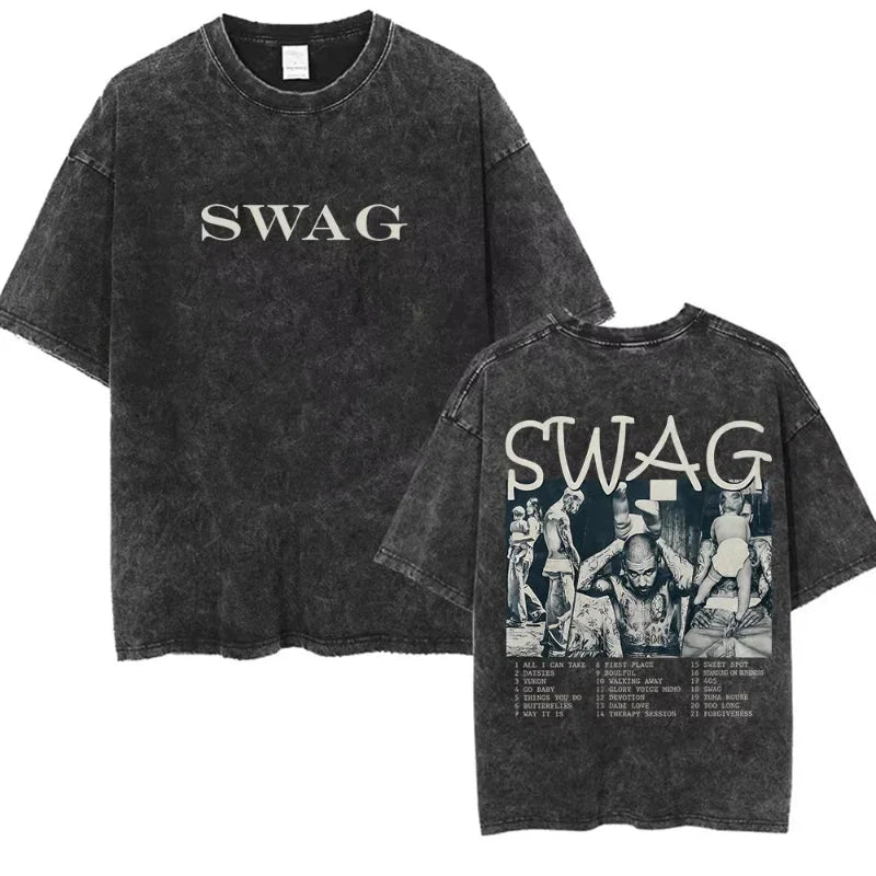 Black distressed cotton t-shirt featuring swag lettering front and bieber swag album tracklist print back for short sleeve streetwear