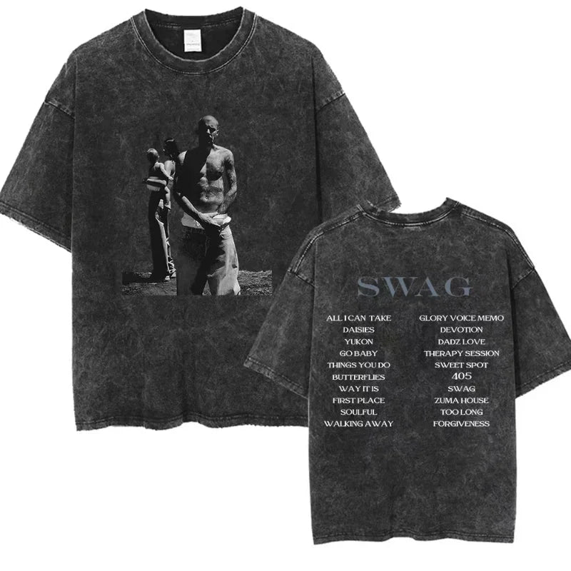 Black distressed cotton short sleeve streetwear t-shirt featuring rapper justin bieber bieber swag album graphic and song titles on back