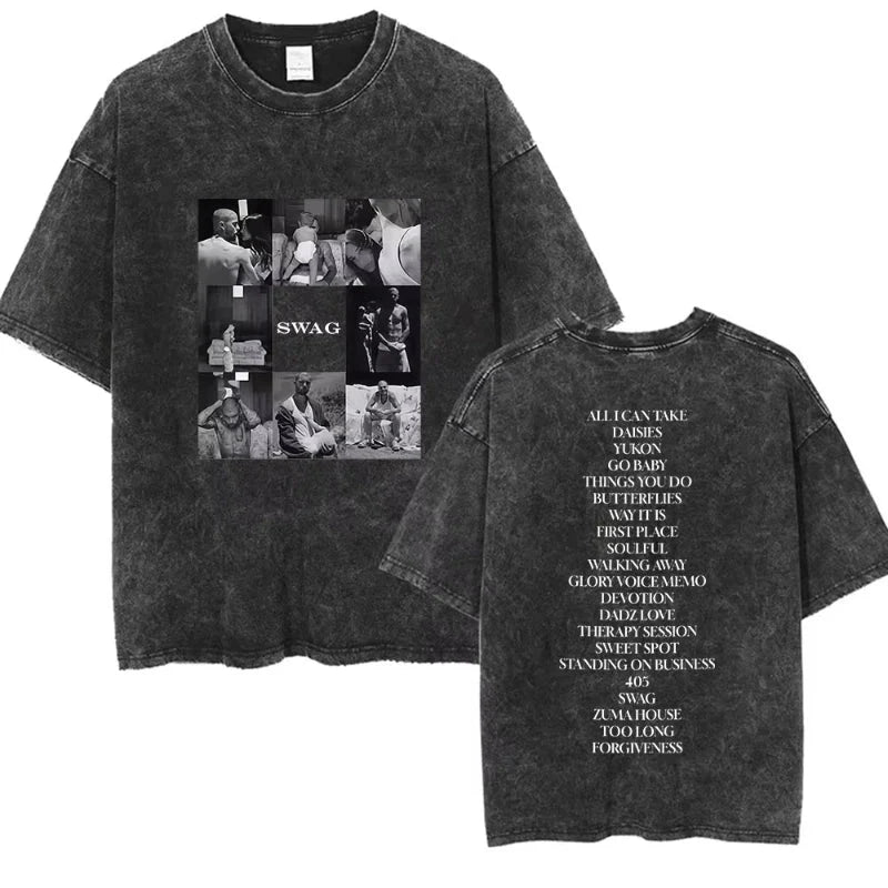 Black distressed cotton t-shirt featuring bieber swag album collage front and song list back in short sleeve streetwear style