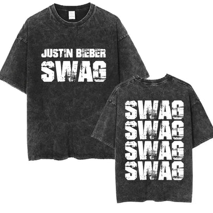 Black distressed cotton short sleeve streetwear t-shirt with bold white justin bieber swag album lettering front and back