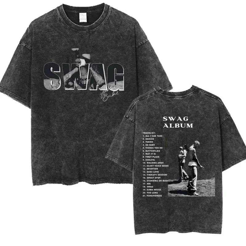 Black distressed cotton t-shirt with bieber swag album graphic and tracklist on back for short sleeve streetwear