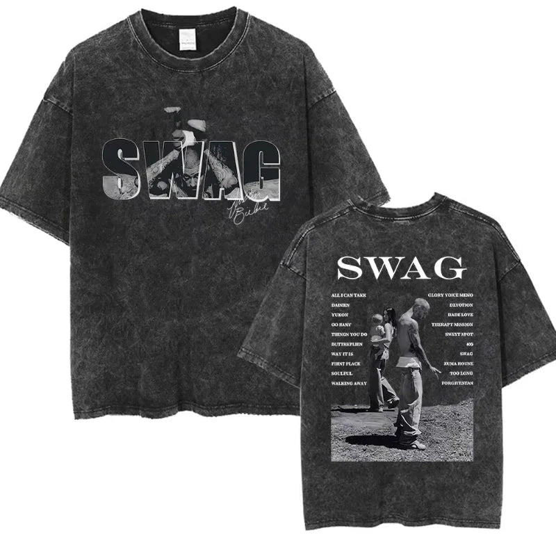 Black distressed cotton short sleeve streetwear t-shirt with faded rapper justin bieber bieber swag album back print