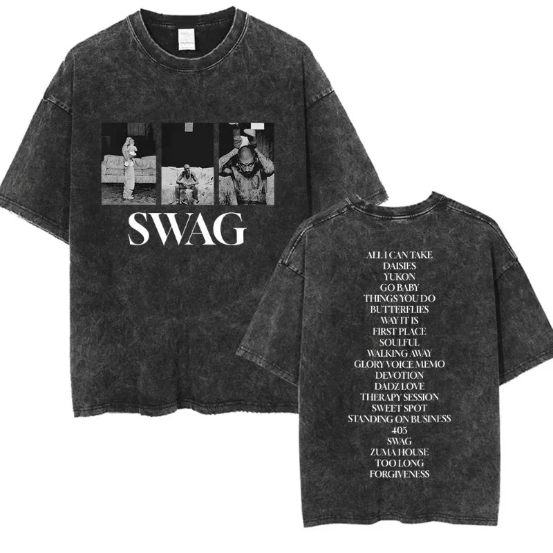 Black distressed cotton t-shirt featuring rapper Justin Bieber swag album graphic and tracklist on the back short sleeve streetwear