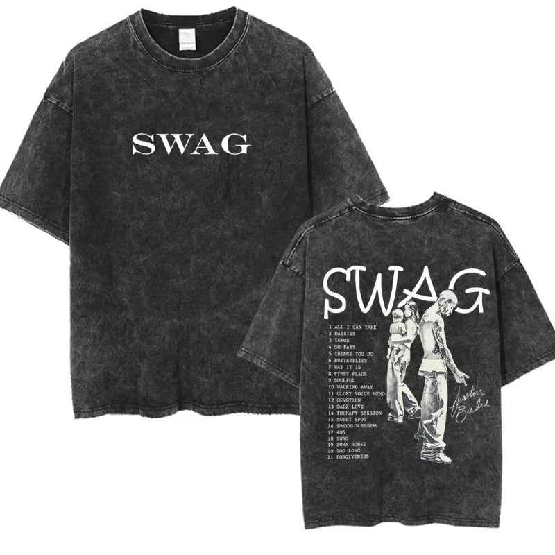 Black distressed cotton t-shirt with swag print and graphic figures featuring rapper justin bieber bieber swag album design short sleeve streetwear