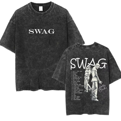 Black distressed cotton t-shirt with swag print and graphic figures featuring rapper justin bieber bieber swag album design short sleeve streetwear