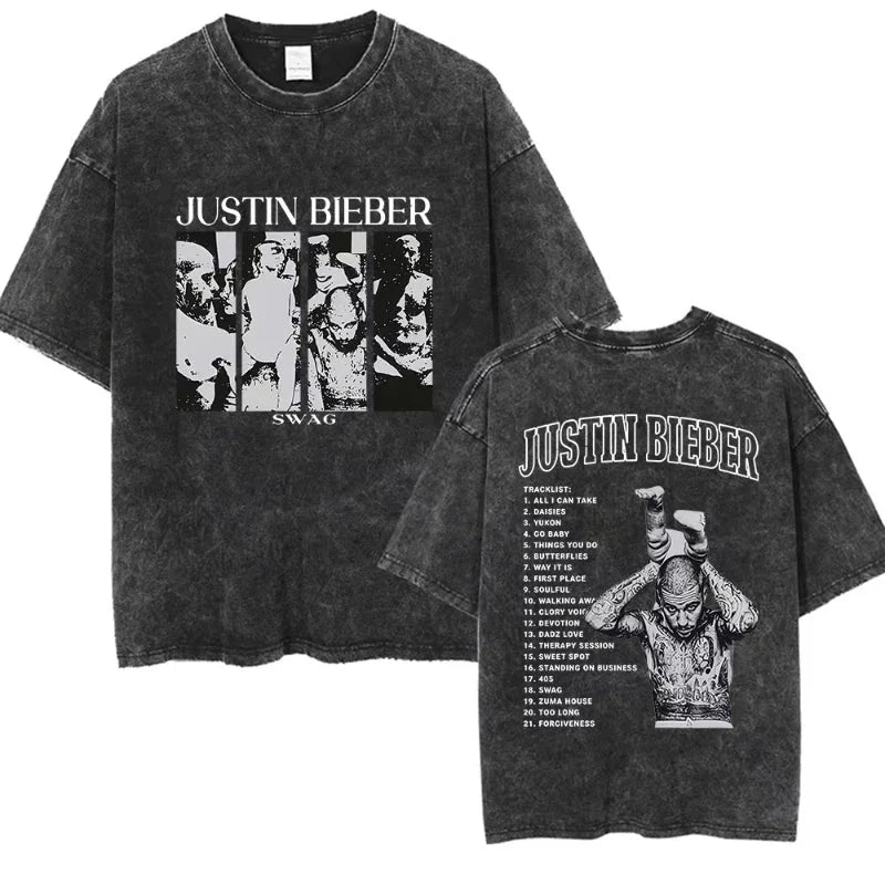 Black distressed cotton t-shirt showing back with rapper justin bieber bieber swag album tracklist in short sleeve streetwear style