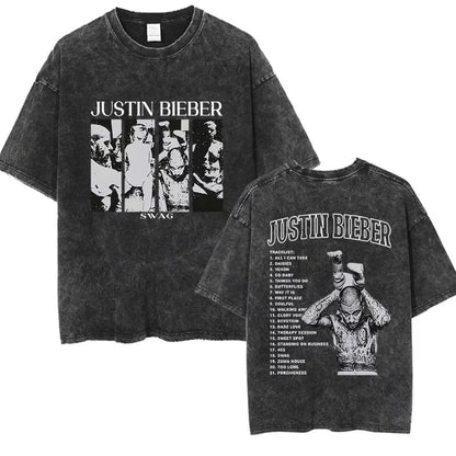 Black distressed cotton t-shirt showing back with rapper justin bieber bieber swag album tracklist in short sleeve streetwear style
