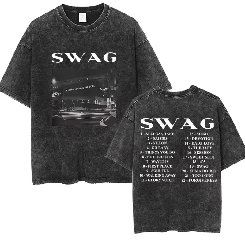 Black distressed cotton t-shirt with swag text and photo front and bieber swag album tracklist on back short sleeve streetwear