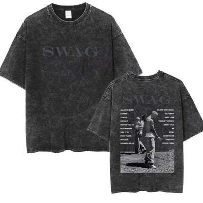 Black distressed cotton t-shirt with faded swag graphic and bieber swag album tracklist on back short sleeve streetwear