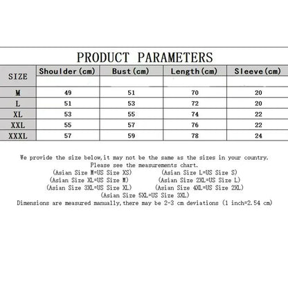 Product parameters chart showing size measurements for rapper justin bieber swag album short sleeve streetwear t-shirt
