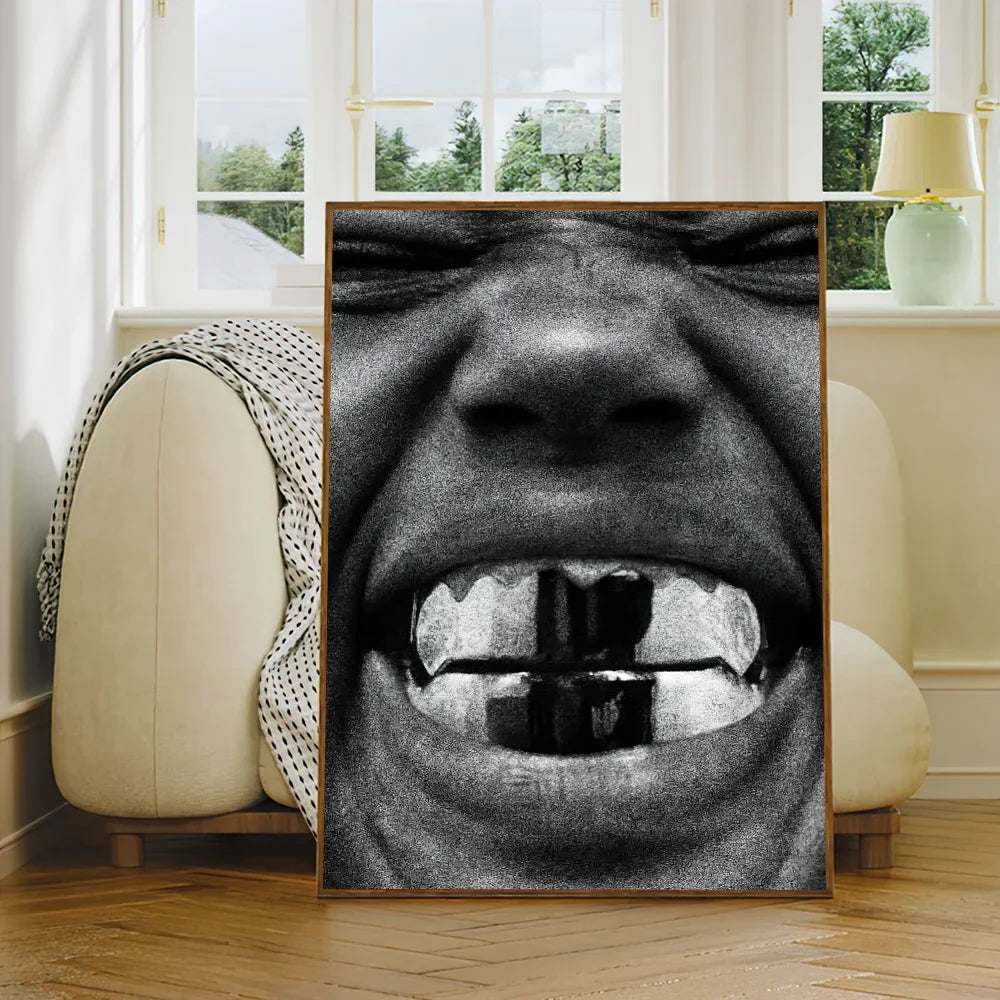 Black-and-white framed portrait of rapper k-kanye w-west with visible grill featured in bully album wall sticker decoration