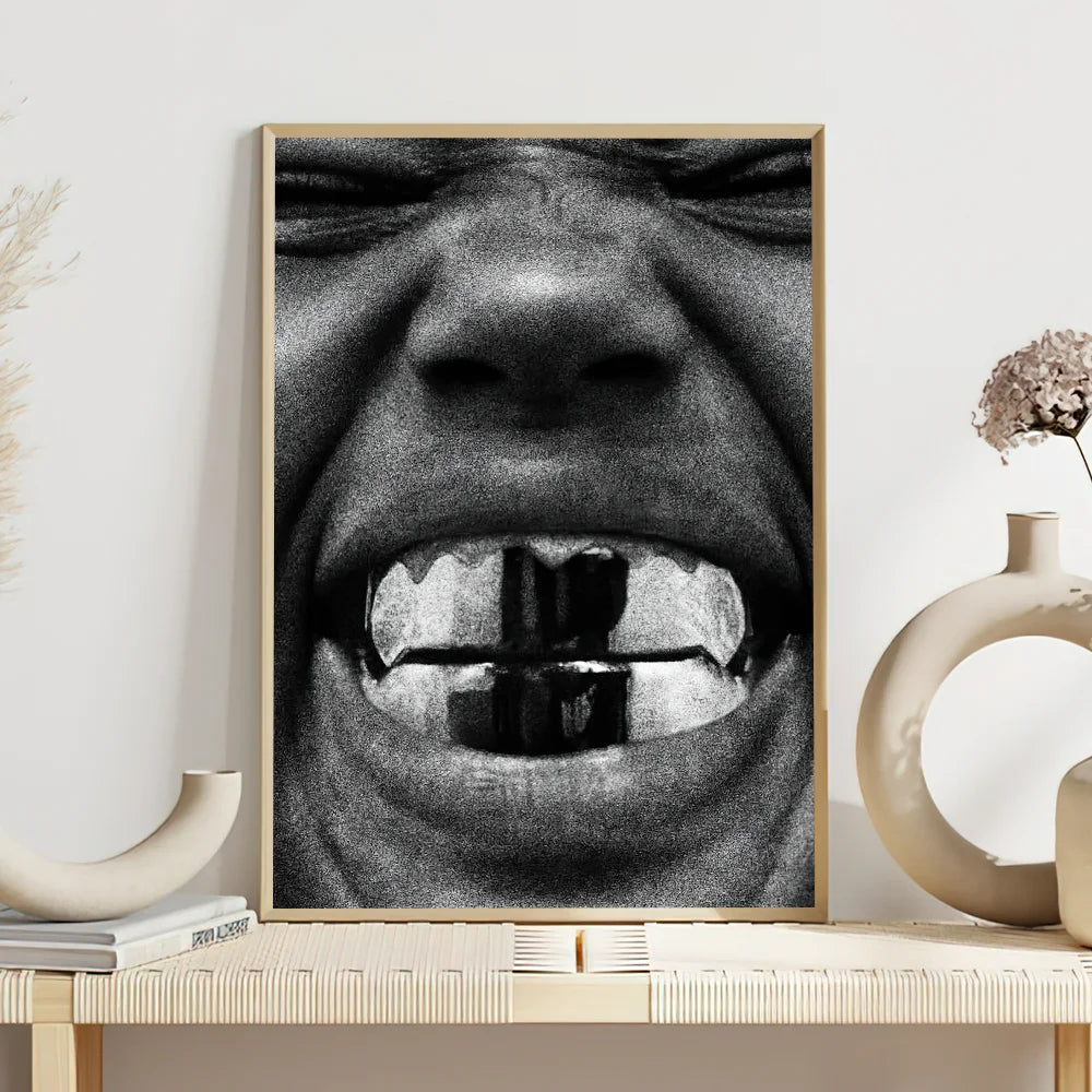 Black and white framed wall sticker featuring a close-up expressive face with metallic teeth for bedroom or office decor