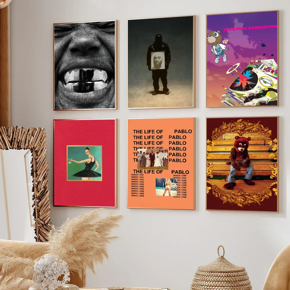 Six framed rap album poster prints featuring colorful and black and white celebrity designs for wall decoration